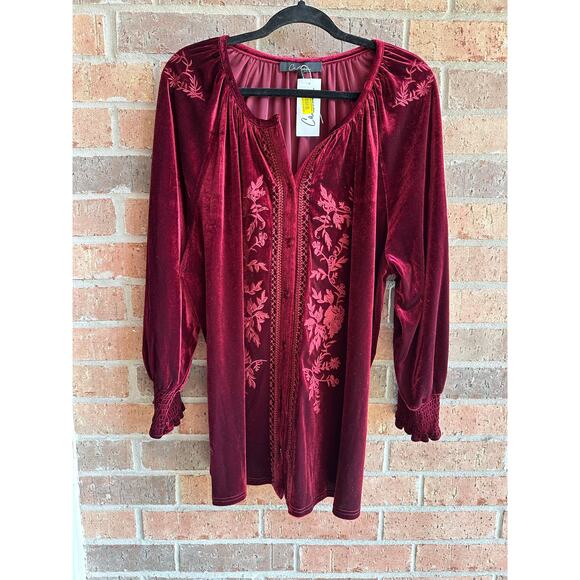 Red Tops - Calessa Red Velvet Embroidered Blouse Size 2X
